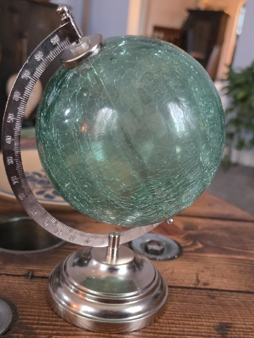 Decorative Crackle Glass Globe on Silver Stand - Seafoam Green - Picture 3 of 3
